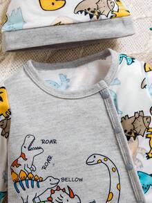 3pcs Baby Boy Dinosaur Print Colorblock Romper + Hat + Mittens Cute Set - Light Grey - View 3