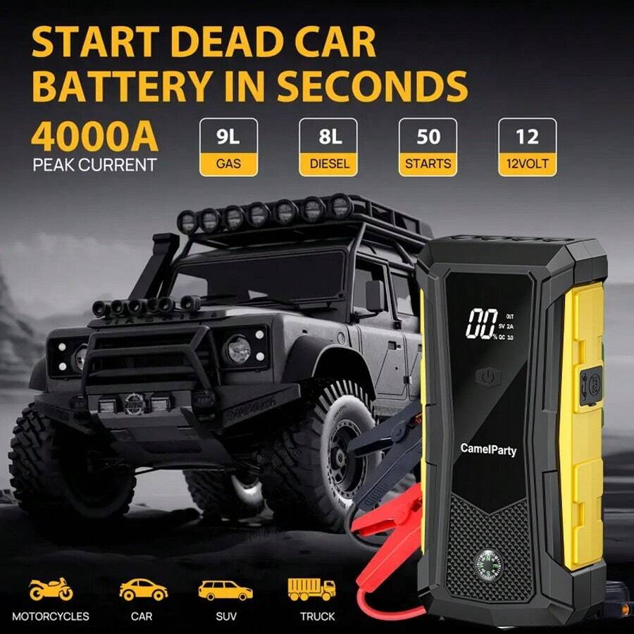 Car Starter - Portable 12V Jump Starter Box, Car Emergency Repair Tool Kit, With USB Interface, LCD Display And LED Light, Three Modes, Suitable As A Birthday Gift For Fathers, Husbands, And Boyfriends, And A Good Choice For Holiday Gifts. - 黃色搭電款 - 查看 1
