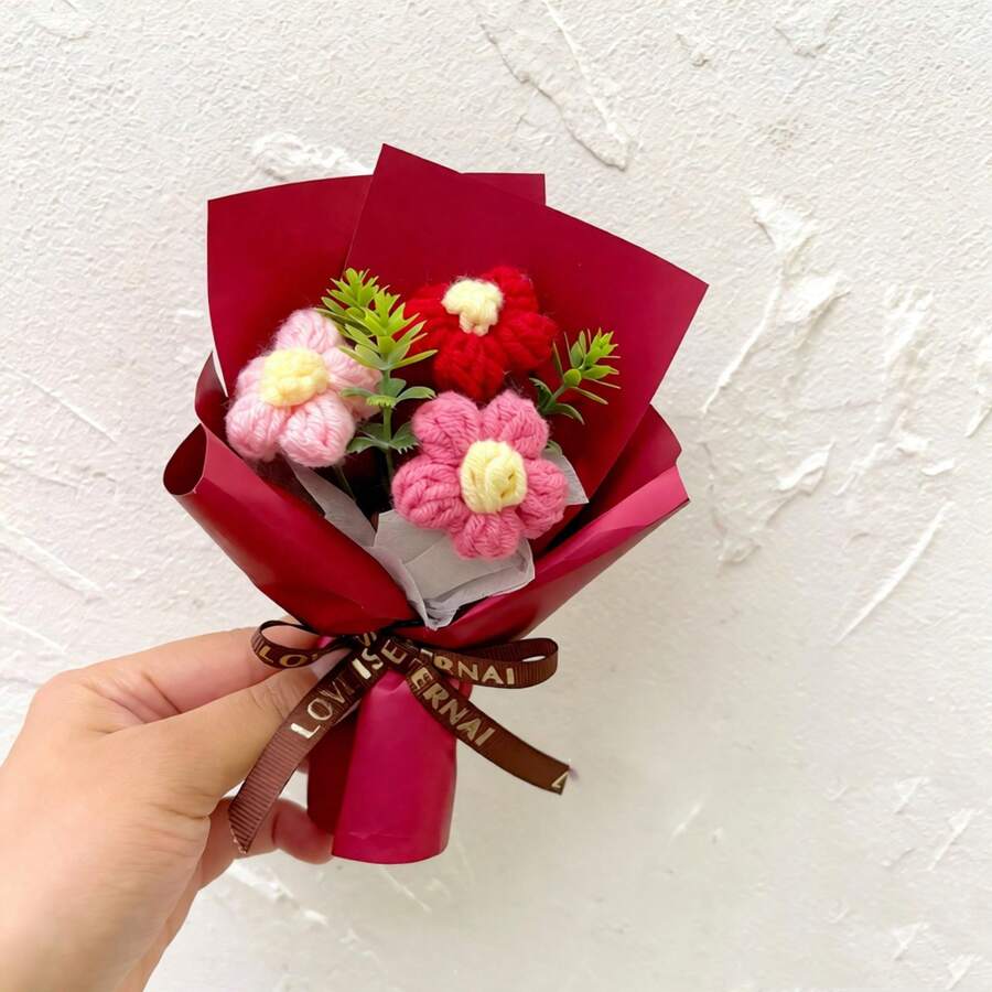 1件装 - 精致迷你针织花束，配心形薄纸 - 情人节、母亲节和周年纪念日的理想之选 | 色彩缤纷的家居装饰，花束配件