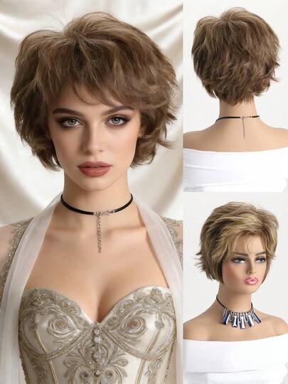 1顶女士时尚假发，耐热合成纤维，自然蓬松款式，带假发帽