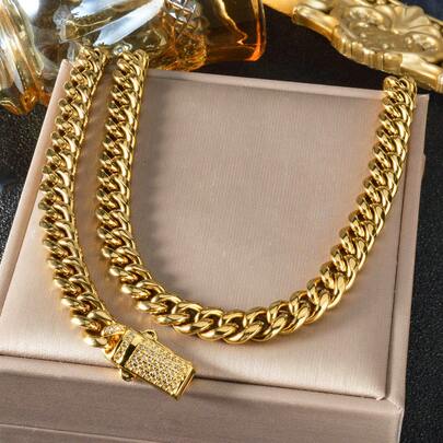 2件套加厚经典18K镀金钻石方形盒扣不锈钢项链手链首饰套装，嘻哈街头风男女日常派对舞台音乐节佩戴