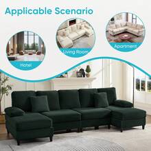 112" Upholstered U Shaped Sectional Couches, Corduroy Living Room Furniture,Large 4-Seater Sofa With Double Chaises And Sleepable Armrests,Throw Pillows For Couches Sofas Living Room - Verde - Ver 8