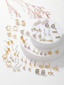 30 Pairs Fashion Simulated Pearls Heart Butterfly Flower Stud Earring Set For Girls Elegant Bowknot Geometric Drop Earrings Friendship Jewelry Party Gifts - Multicolor - View 4