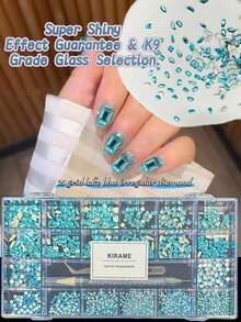 KIRAME 21 Grids DIY Manicure K9 Glass Lake Blue Flat Bottom Rhinestone Set - 30pcs High Gloss Rhinestones Per Style, Includes 1 Dotting Pen And 1 Tweezer, Nail Art Gems, Nail Salon, Home Manicure, Nail Art Supplies, Christmas, New Year, Valentine's Day Nail Art, Holiday Gift, Suitable For Crafts, Clothing, Textiles, Shoes, Glassware, Jewelry Making - Multi-Size Shiny Decorations Nails - 湖藍色 - 查看 7