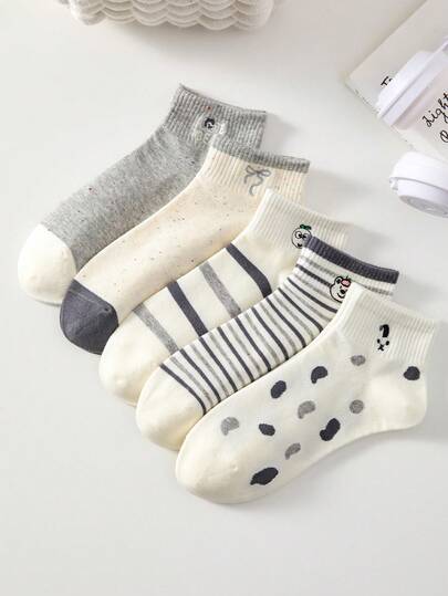 5 Pairs Women's Ankle Socks, Cute Bow & Striped Patterns, Low-Cut Breathable Socks, Comfortable Shoe Companion