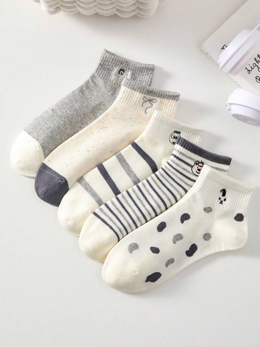 5 Pairs Women's Ankle Socks, Cute Bow & Striped Patterns, Low-Cut Breathable Socks, Comfortable Shoe Companion - Multicolor - View 1