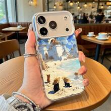 Funda de Teléfono Escena de Playa del Castillo Blanco con Gatos Usando Sombreros Impresión para iPhone 14 13 12 11 Pro Max y  Galaxy S23 S22 S21 Plus Opción de Regalo Ideal para Todas las Estaciones - Negro - Ver 3