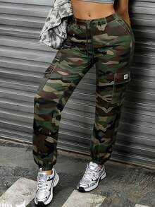 Women's Camouflage Cargo Casual Pants, Featuring Large Patch Pockets, An Elastic Drawstring Waistband, And A Tapered Cuff, Suitable For Daily Outdoor Leisure Activities. - 軍綠色迷彩 - 查看 3