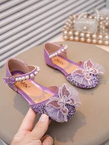 1双女童公主蝴蝶结水钻装饰凉鞋，休闲百搭平底沙滩鞋，适合幼儿、小童和大童，春夏秋季均可穿着。 - 紫色 - 查看 3