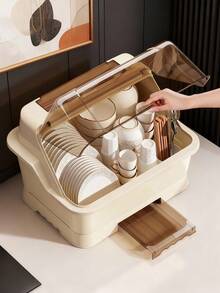 1pc Large Kitchen Draining Bowl Cabinet With Cover, Dish Rack For Bowls, Plates, Cutlery, Home Storage Organizer - Multicolor - View 4