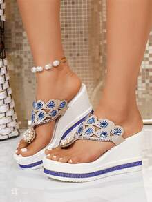 Damen Mode Keilsandalen, Perlen- & Strass-Dekor, Blumenmuster Zehentrenner, Lässig & vielseitig, geeignet für Frühling/Sommer Outdoor und Pendler-Outfits - Blau - Übersicht 3