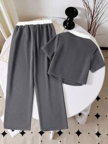 Teen Girl Casual Contrast Collar Polo Shirt With Graphic Print & Wide Leg Pants Set, Suitable For Spring, Summer, Autumn - Dark Grey - View 2