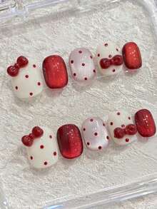10pcs Handmade Red Bow Polka Dot Beige Cat Eye Nail Stickers, Short Square Cute False Nails, Suitable For Daily Wear, For Women And Girls, Press-On Nail Stickers, Nail Art Products Nail Supplies - Red - View 1