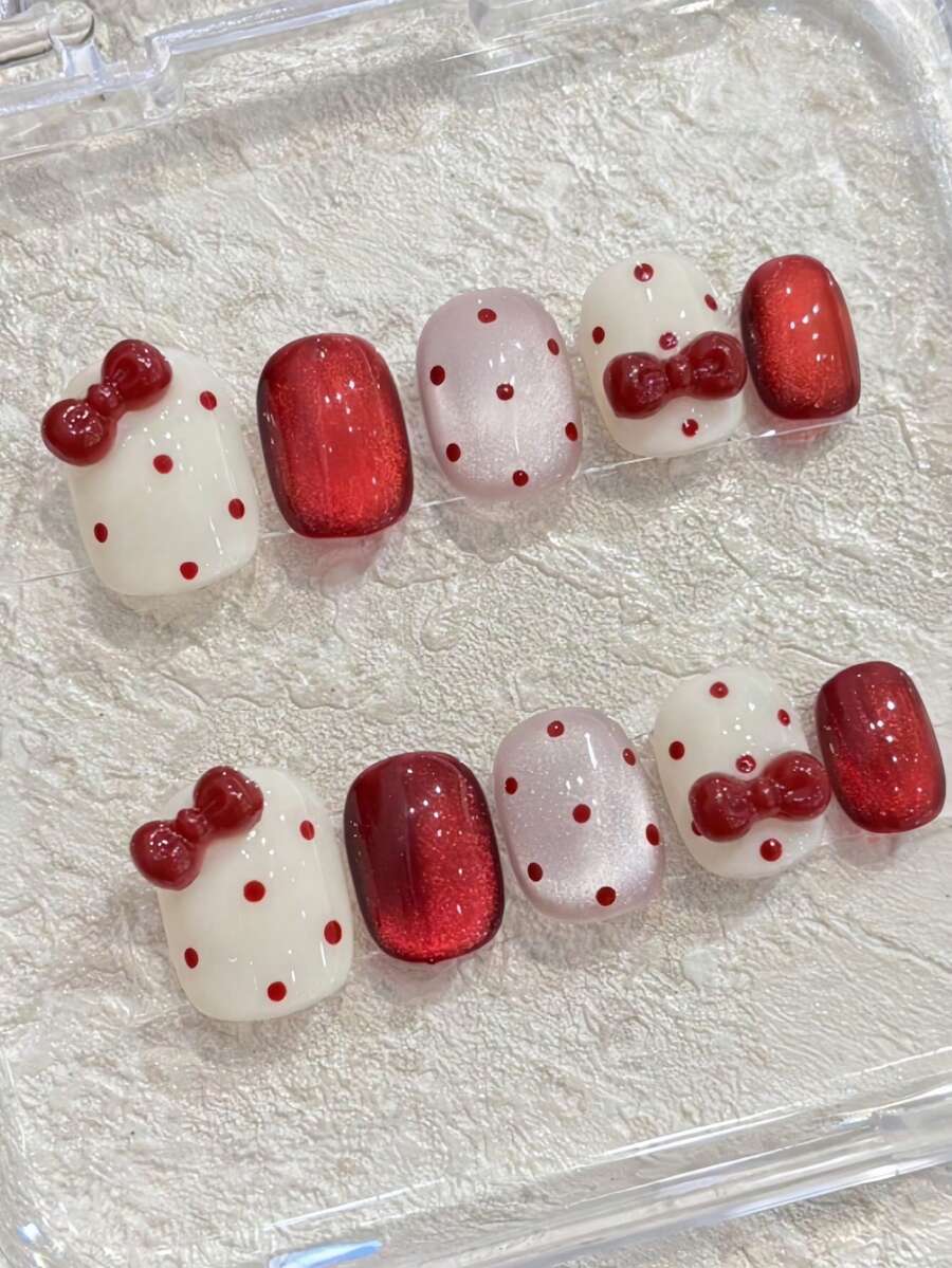 10pcs Handmade Red Bow Polka Dot Beige Cat Eye Nail Stickers, Short Square Cute False Nails, Suitable For Daily Wear, For Women And Girls, Press-On Nail Stickers, Nail Art Products Nail Supplies - Red - View 1