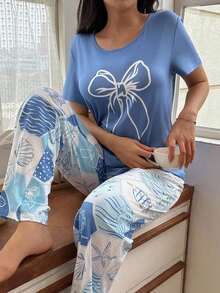 蓝色蝴蝶结印花短袖长裤女士睡衣套装 - 藍色 - 查看 5