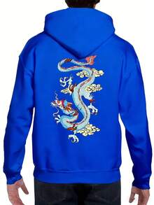 Men's Red Dragon Pattern Hoodie - Casual Polyester Pullover - Grey - View 10