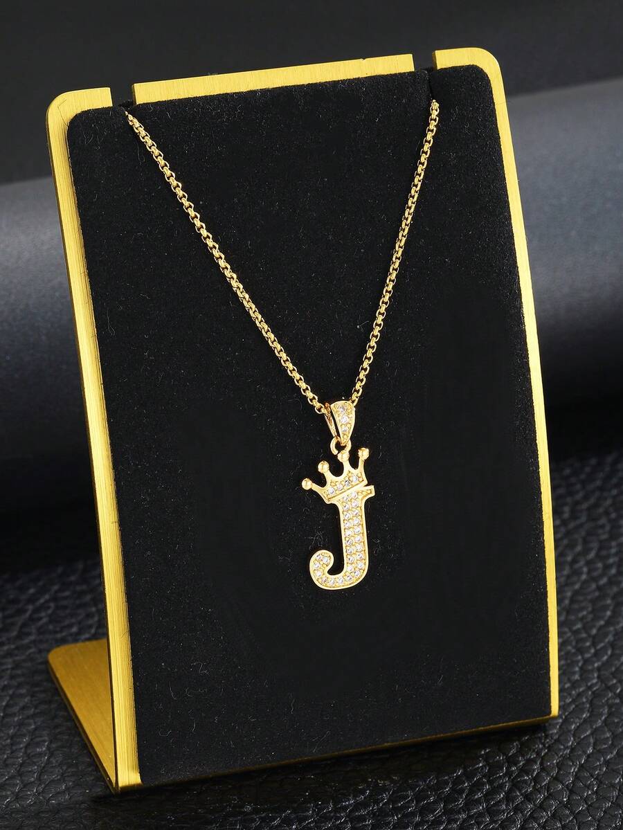 1pc Fashion Classic Copper Set Zirconia Crown Letter Pendant Necklace Party Party Decoration Accessories Street Jewelry Accessories - Gold - View 1