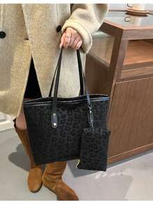 Set da 3 pezzi: Borsa a tracolla minimalista in finta pelle di coccodrillo, decorata con fibbia a blocchi di colore, grande capacità versatile, borsa a tracolla, portamonete, adatta per pendolarismo, shopping, tutte le stagioni, stile minimalista pratico per le donne - Multicolore - Visualizzare 6