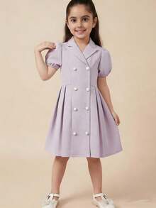 Young Girls Puff Sleeve Double-Breasted Collared Dress, Elegant Style For Spring & Summer - Purple - View 2