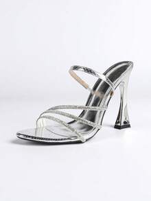 Jin Bei Qi 女士高跟鞋，圆头，纯色，漆皮蛇纹，水钻装饰，多带踝带，露趾，套脚，户外派对，细高跟，独特鞋跟形状，时尚优雅奢华派对宴会浪漫闪亮银色高跟鞋 - 銀色 - 查看 8