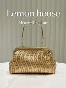 1个奢华闪亮金色波浪形水钻装饰女士手提包，优雅手拿包，适合晚宴、婚礼、舞会、节日和其他场合，配有可拆卸肩带 - 金色 - 查看 1