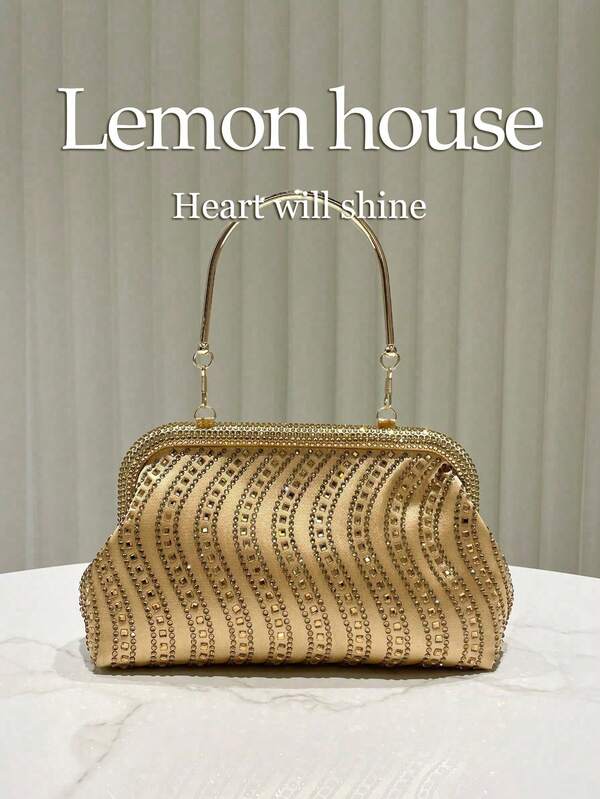 1pc Luxury Shiny Gold Wavy Rhinestone Embellished Women's Handbag, Elegant Clutch Purse, Suitable For Evening Party, Wedding, Prom, Festival And Other Occasions, Comes With Detachable Shoulder Strap