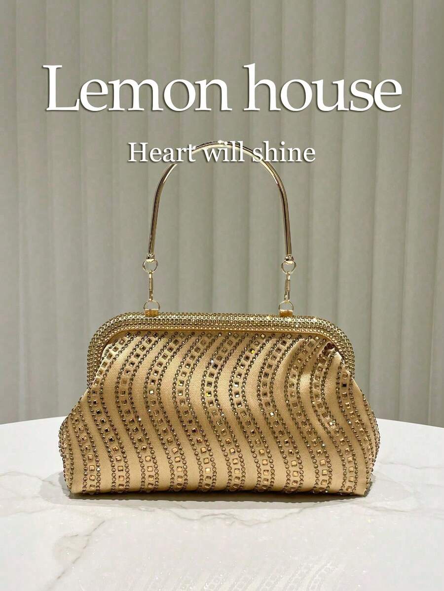 1个奢华闪亮金色波浪形水钻装饰女士手提包，优雅手拿包，适合晚宴、婚礼、舞会、节日和其他场合，配有可拆卸肩带 - 金色 - 查看 1