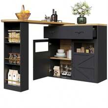 Extendable Bar Table With Storage (138-204*39*104cm), 360° Rotating Dining Bar, Modern Movable Bar Table, High Table Kitchen Island Bistro Table, Sideboard Cabinet With Shelves, Black - Black - View 1