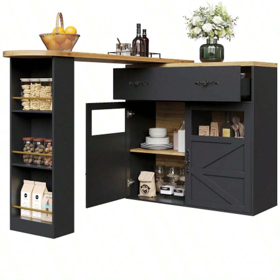 Extendable Bar Table With Storage (138-204*39*104cm), 360° Rotating Dining Bar, Modern Movable Bar Table, High Table Kitchen Island Bistro Table, Sideboard Cabinet With Shelves, Black - Black - View 1