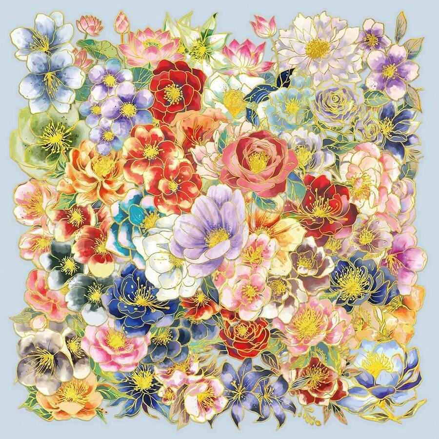 50 Stücke elegante Blumen Gold Folie Aufkleber Serie (Cartoon ästhetische Aufkleber), geeignet für Laptop, Stoßstange, Skateboard, Wasserflasche, Computer, Handyhülle, Schuldekoration Kratzfeste dekorative Aufkleber für verschiedene Anwendungen - Verschiedenfarbig - Übersicht 1