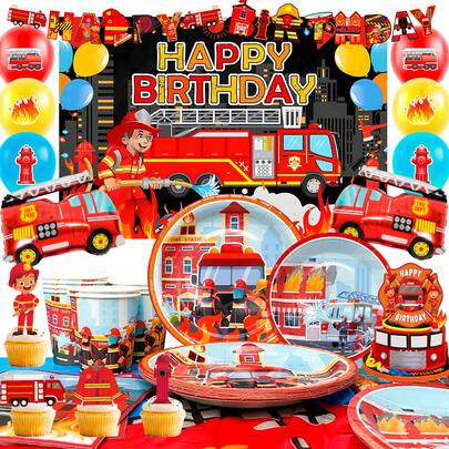 Fire Truck Birthday Party Supplies,Firetruck Birthday Decorations  And Tableware Set - Fire Truck Party Plates Cups Napkins & Firefighter Themed Balloon Backdrop Etc Fire Truck Party Supplies