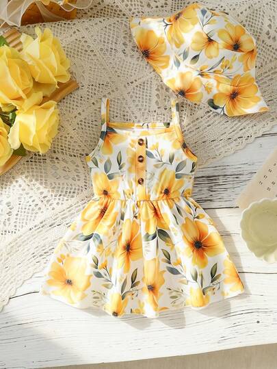 Baby Girl Floral Print Spaghetti Strap Dress + Hat 2-Piece Set, Dress Has Button Decor On The Chest, Waist Cinched Design, Short Skirt, Comes With Matching Hat, Fresh And Lively Style Perfect For Outdoor Activities