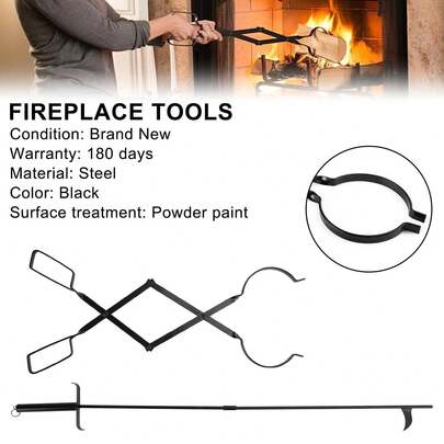 2-Piece Fireplace Tool Set – Black Steel Fire Clamp And Hook, Sturdy Construction For Efficient Fireplace Maintenance