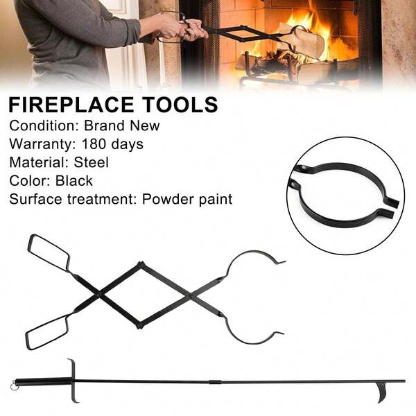 2-Piece Fireplace Tool Set – Black Steel Fire Clamp And Hook, Sturdy Construction For Efficient Fireplace Maintenance