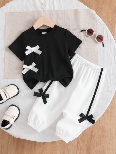 2pcs/Set Baby Girls' Summer Bow Splice Color T-Shirt & Pants Set, Children Cute Basic Knit Round Neck Short Sleeve Top & Solid Color Elastic Waist Pants, Casual Holiday Outfit