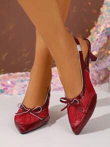 Women's Burgundy Mesh Backless High Heels, Bowknot Pointed Toe Stiletto Sandals - Burgundy - View 4