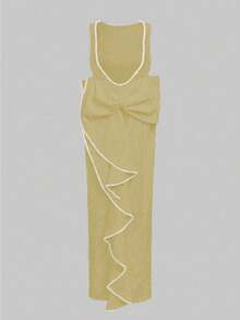 Big Bow Backless Split Thigh Dress - Yellow - View 8
