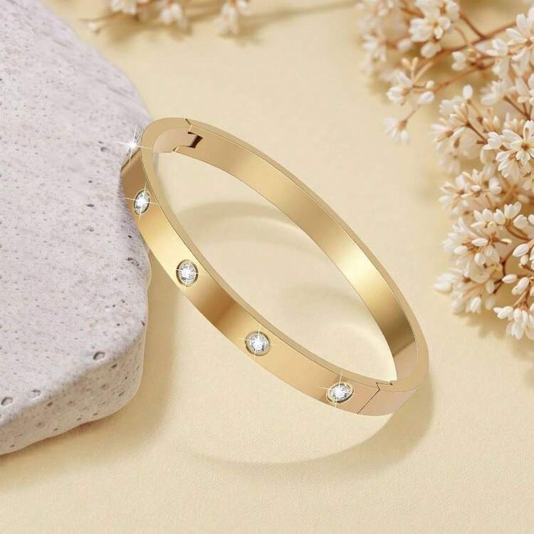 Gold Bracelets Women Friendship Love Bangle Bracelets 14K Gold Plated Stainless Steel Bracelet Jewelry Valentines Birthday Gifts Women Stocking Stuffers - 金色-10 + 6.5英寸 - 查看 5