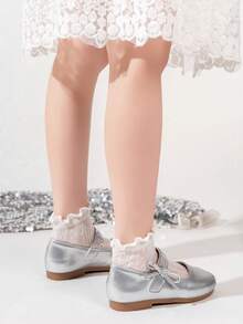 Simple Shiny Elegant Thin Bow Tie Girls' Silver Comfortable Dance Shoes, Suitable For Daily, School, Party, Wedding, Outdoor Gathering, Children's Casual Slip-On Round Toe Patent Leather Flat Shoes - Silver - View 18