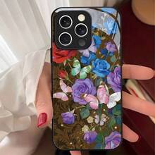 Funda de Teléfono de Vidrio Templado con Marco Negro de Lujo de Arte de Rosa y Mariposa Colorida para iPhone 17 Air 16 15 Pro Max 14 Plus 13 12 11 ProMax, Cubierta Protectora de Moda para Parejas - 3V4075 - Colores mixtos - Ver 3