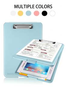 1pc A4 File Folder Board With Storage, High Capacity Office Clipboard With Pen Holder, Metal Clip, Wear-Resistant, Smooth Surface For Writing, Suitable For Writing, Learning, Interviews, Sketching, Applicable For Teachers, Schools, Stationery Stores, Construction Sites, Homes And Other Occasions - Multicolor - View 1