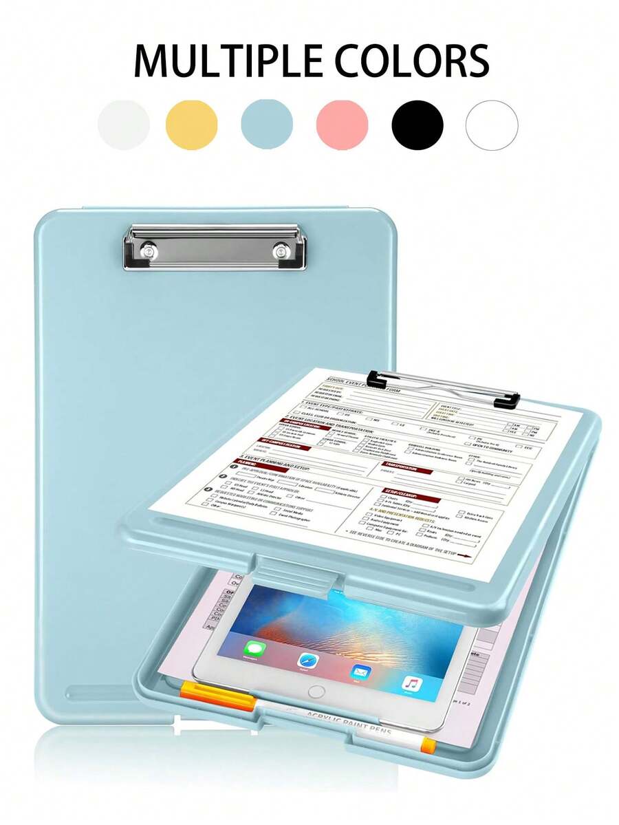 1pc A4 File Folder Board With Storage, High Capacity Office Clipboard With Pen Holder, Metal Clip, Wear-Resistant, Smooth Surface For Writing, Suitable For Writing, Learning, Interviews, Sketching, Applicable For Teachers, Schools, Stationery Stores, Construction Sites, Homes And Other Occasions - Multicolor - View 1