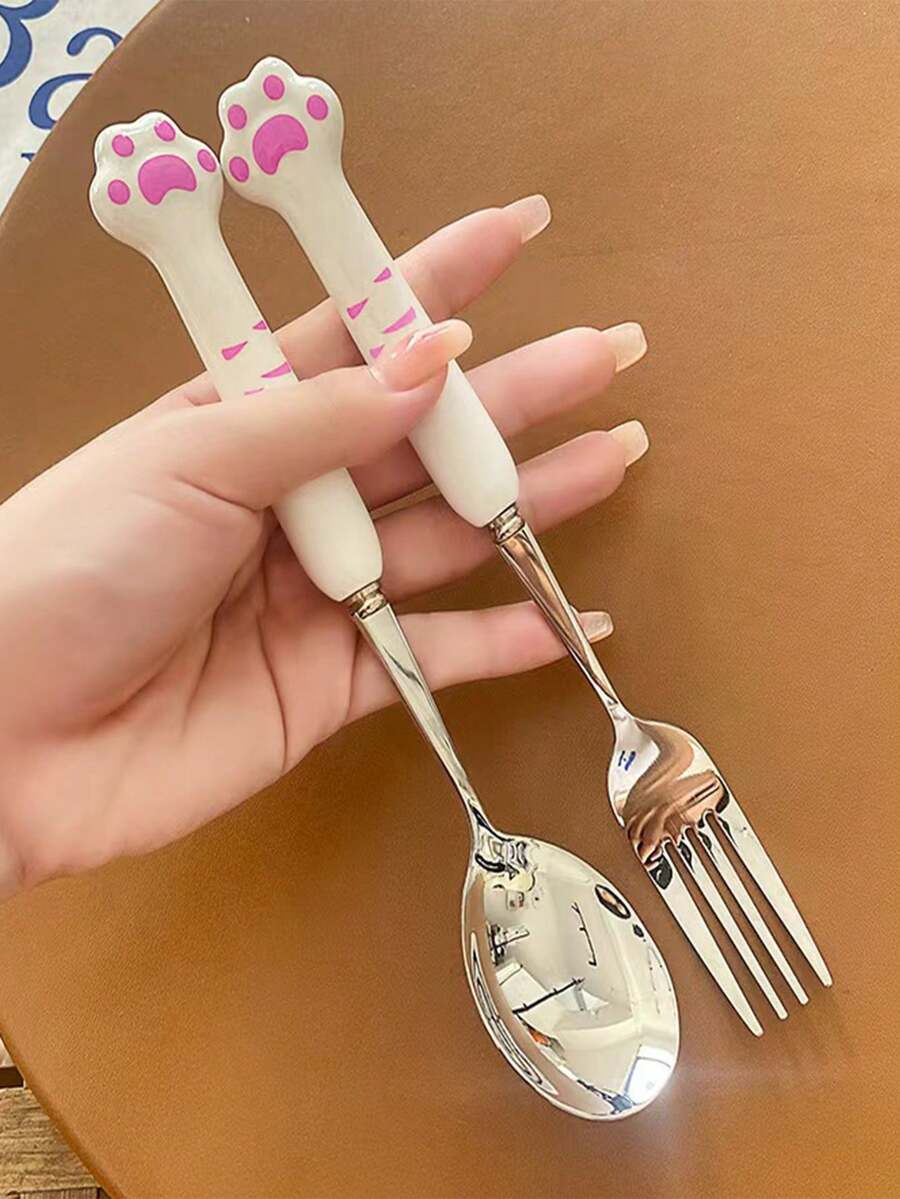 1pc/2pcs/5pcs Stainless Steel Spoon, Fork, Cartoon Cute Long Handle Tableware, Household, Creative, Student, Children Eating Spoon - Silver - View 1