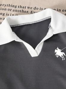 Teen Girl Casual Contrast Collar Polo Shirt With Graphic Print & Wide Leg Pants Set, Suitable For Spring, Summer, Autumn - Dark Grey - View 4