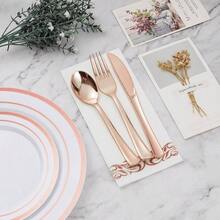700PCS Gold Disposable Dinnerware Set Guests, Plastic Plates Party, Wedding, Include: 200 Plastic Plates, Gold Silverware, Cups, Napkins - 50 Khách + Vàng Hồng - Xem 8