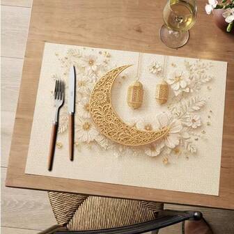 4pcs Ramadan Theme Placemats, Decorated With Golden Crescent Moon And Lantern Flower Patterns. Suitable For Gatherings, Dining And Holiday Decorations. Size: 30x45cm, Applicable For Home Decor, Holiday Table Decor, Farmhouse Holiday Decor, Farmhouse Style Decor, Washable, Durable Material, Holiday Table Decor And Home Entertainment.