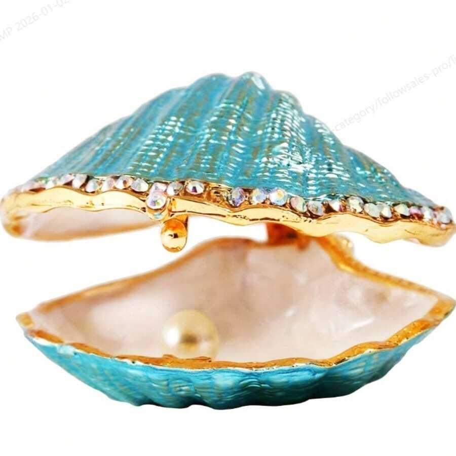 1pc Hand-Painted Shell Figurine Jewelry Box With Enamel And Rhinestones - Collectable Ring Holder And Unique Birthday Gift - Mint Blue - View 1