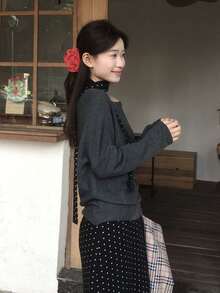 Y6Y Áo len nữ dáng suông, ôm eo, màu xám đậm, phong cách Hàn Quốc mới mùa xuân 2026, chất lượng cao. - Màu xám đen - Xem 5