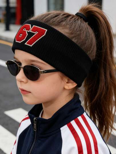 1件装 女童67号发带 早春舒适休闲时尚创意设计 个性化清新简约美学 数字67/标语图案印花舒适面料发带，固定头发配饰，个性化女童发带 简约时尚发饰