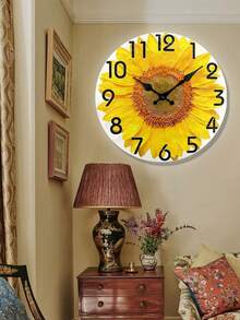 1pc 2D Beautiful Lifelike Big Sunflower Print Round Wall Clock, 12 Inch Quartz Analog Quiet Desk Clock Art AA Battery Not Included For Home,Office,School - Multicolor - View 2